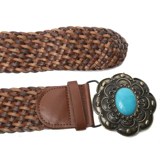 Debenhams UK Western Braided Wide Faux Leather Belt Woven Turquoise Stone Bronze - Picture 7 of 7
